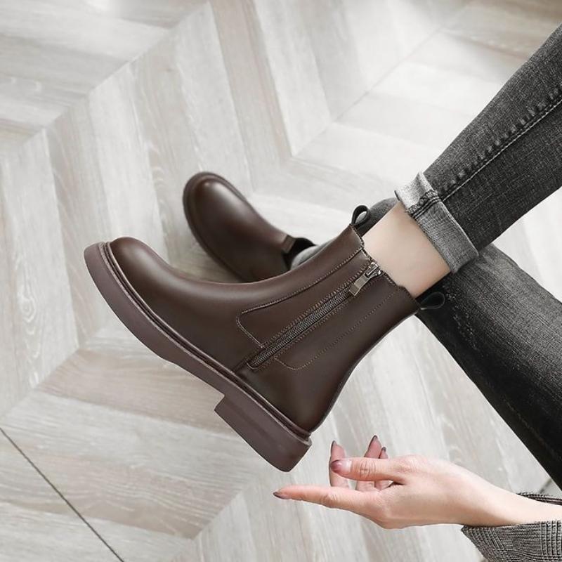 Модные Элегантные на Низком Каблуке Кожаные Теплые Женские Короткие Туфли Круглый Носок Женские Ботильоны Осенне-Зимние Ботильоны Высокого Качества 39 Ботинок