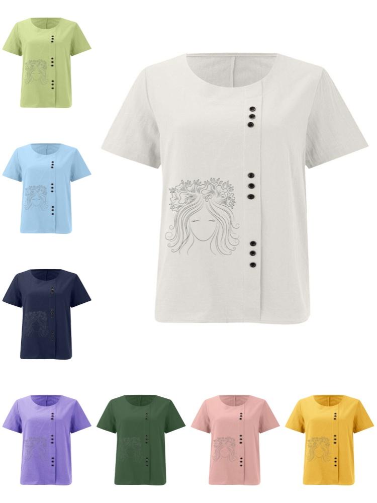 Women's Fashion Black Line Lady Print Casual Cotton Linen Short Sleeve Round Neck T-shirt Shirt Leisure Loose Summer Blouse Tops