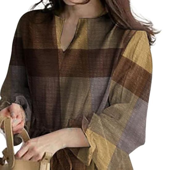 V-образный вырез с рюшами Манжеты на талии Шнуровка в клетку с принтом Повседневная блузка Простой повседневный стиль