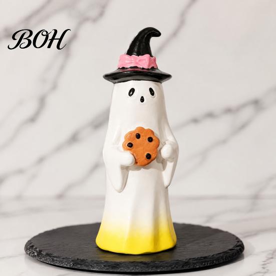 Desktop Decor for Halloween Cute Ghost Ornament, Resin Figurines with Cake/Cookie Design Fireplace Home Holiday Party Decoration Fun Gifts Kids