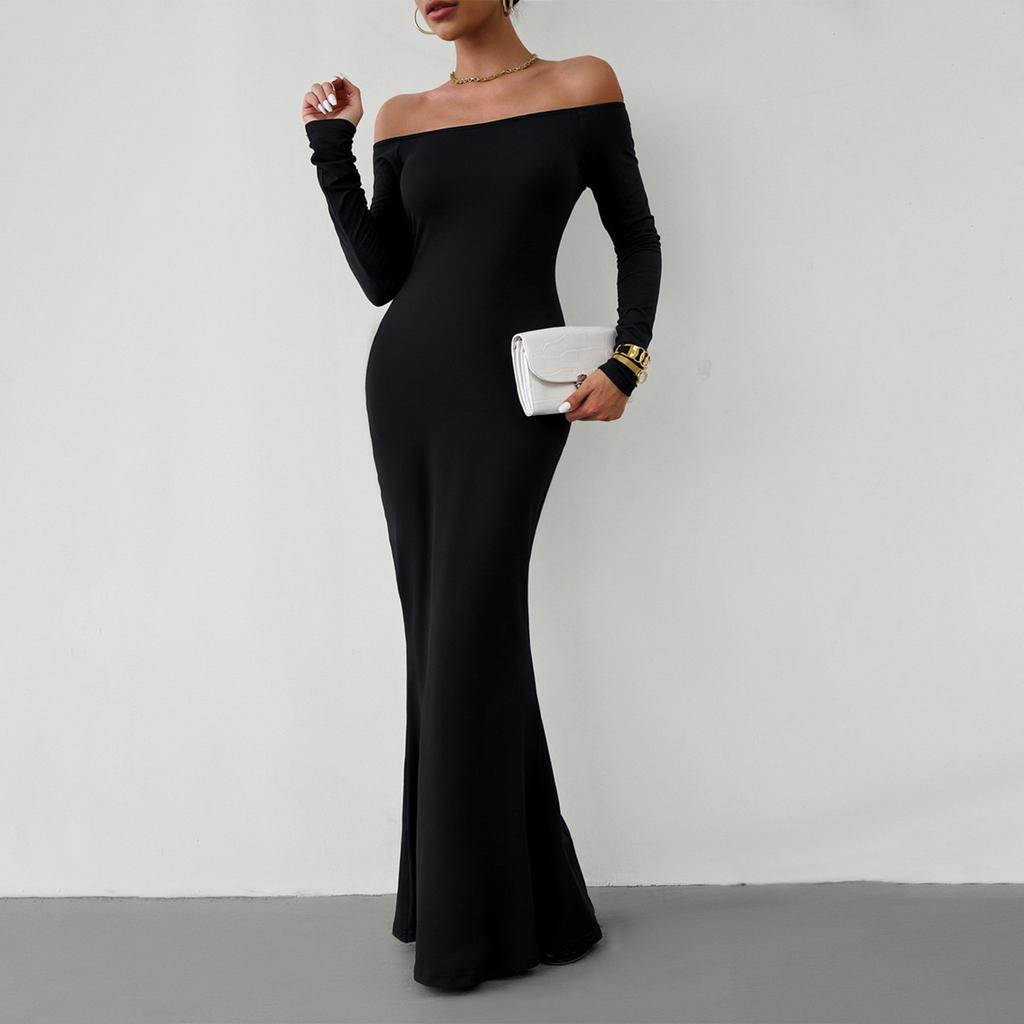 Женская мода однотонное сексуальное трикотажное платье с длинными рукавами и разрезом на плечах
