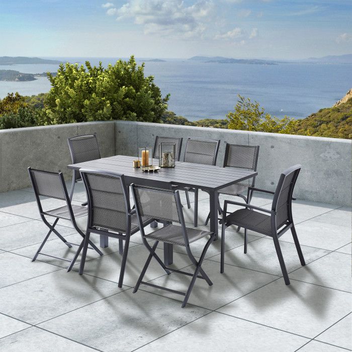 Salon de jardin Ensemble Modulo T 4 / 8 + F 4 + C 4 Alu Gris Wilsa Garden