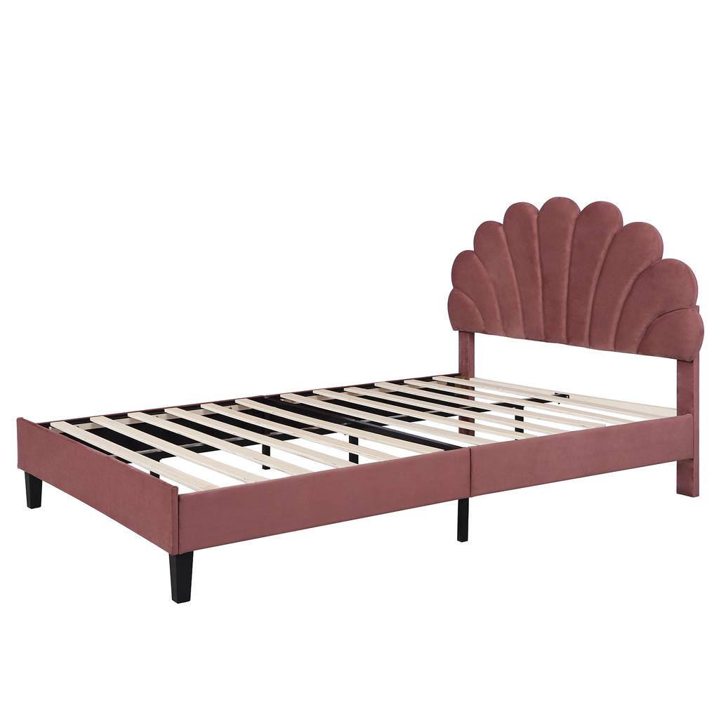 Upholstered Double Bed 140 x 200 cm, Bed Frame with Flower-Shaped Headboard and Slatted Frame, Adult-Youth, Skin-Friendly Velvet, Guest Bed, Bean Red
