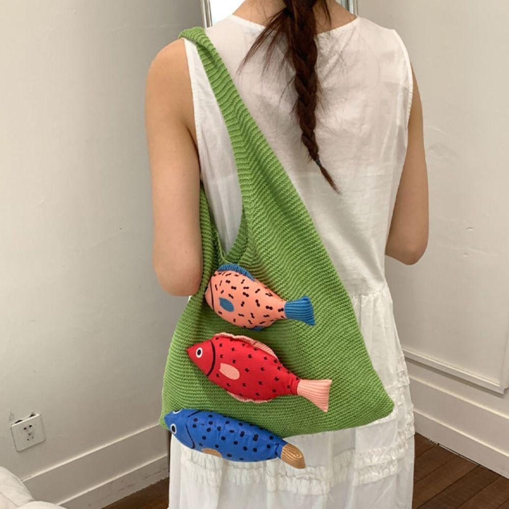 Crochet Weave Knitted Bag Cotton Beach Bag Trendy Fish Shoulder Bag Tote Bag