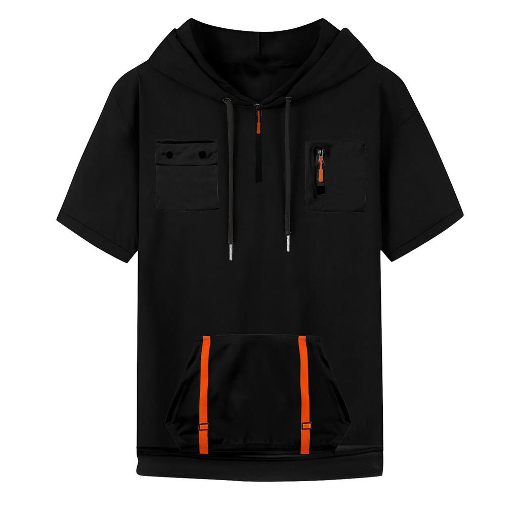 Men's Summer Shirt Zipper Pocket Short Sleeve Hooded Sweatshirt Men's Sports Large Size Casual Sweatshirt