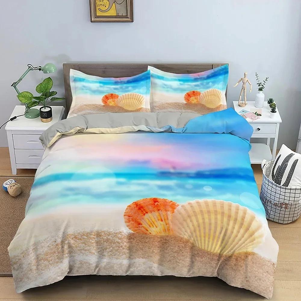 Luxury New 3D Print Beach Starfish Duvet Cover Set Queen Blue Cute Ocean Creatures Bedding Set Sea Shells Starfish Cover