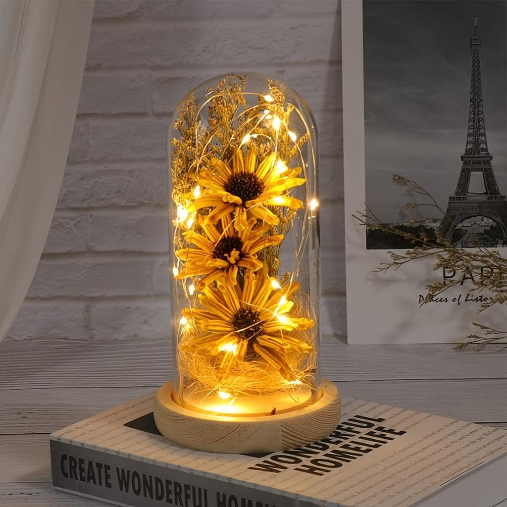 Sunflower Gifts for Women, Artificial Sunflowers In Glass Dome with LED Strip, Sunflower Decor On Mother's Day, Valentine's Day, Christmas