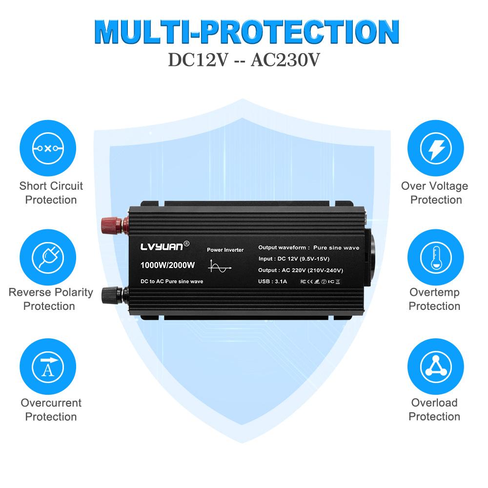 2000W (Вершина горы) 12 В до 230 В 1000 Вт Номинальная мощность Чистый синус Инвертор 2 x 5 В 2,4 А USB Подходит для Кемпинга Дома Автономные Солнечные Системы