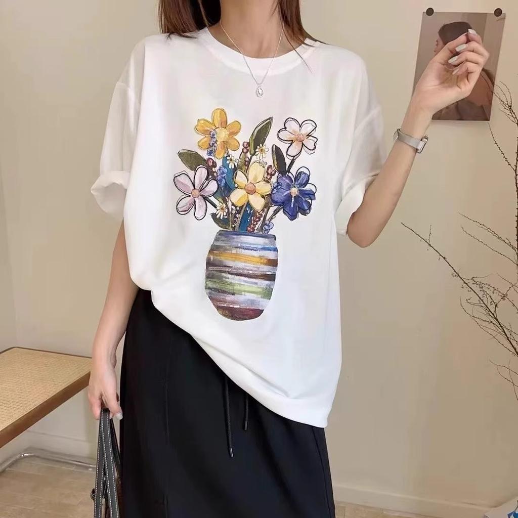 2025 Summer Pure Cotton Casual Oversized T Shirt Women's Streetwear Harajuku Large Size Funny Cartoon Print Short Sleeve T-shirts for Women Y2k Tops