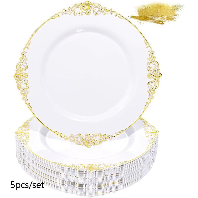 5 шт. золотые кружевные тарелки одноразовые свадебные дисковые с золотым ободком круглые обеденные тарелки тисненые позолоченные кружевные художественные узоры для дня рождения