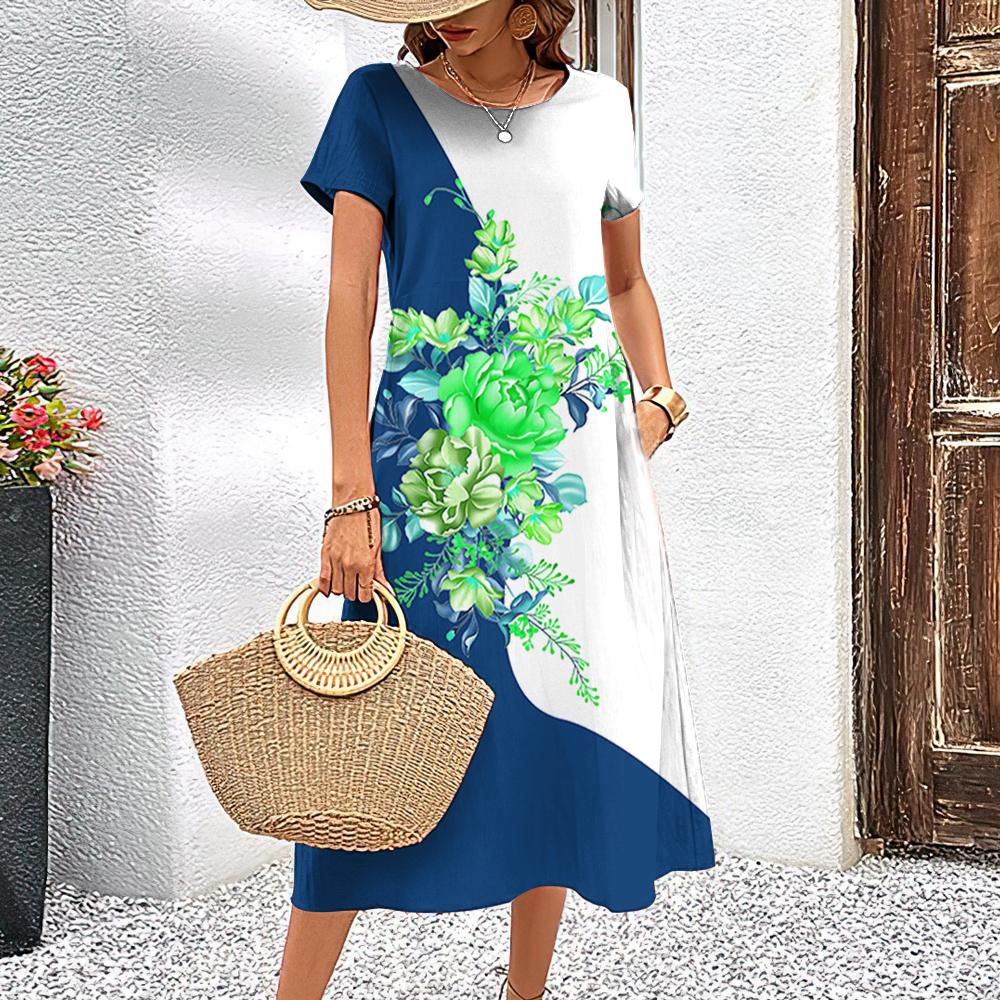 Элегантные женские платья, модные женские топы с короткими рукавами, повседневные женские свободные платья А-силуэта, пуловеры, простые цветы, одежда