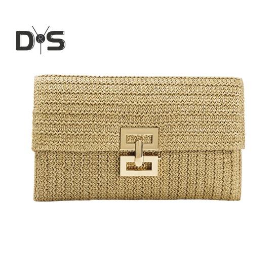 Women Clutch Bag Envelope Shape Bohemian Style Foldable Double-layer Straw Braided Solid Color Portable Summer Beach Vacation Handbag