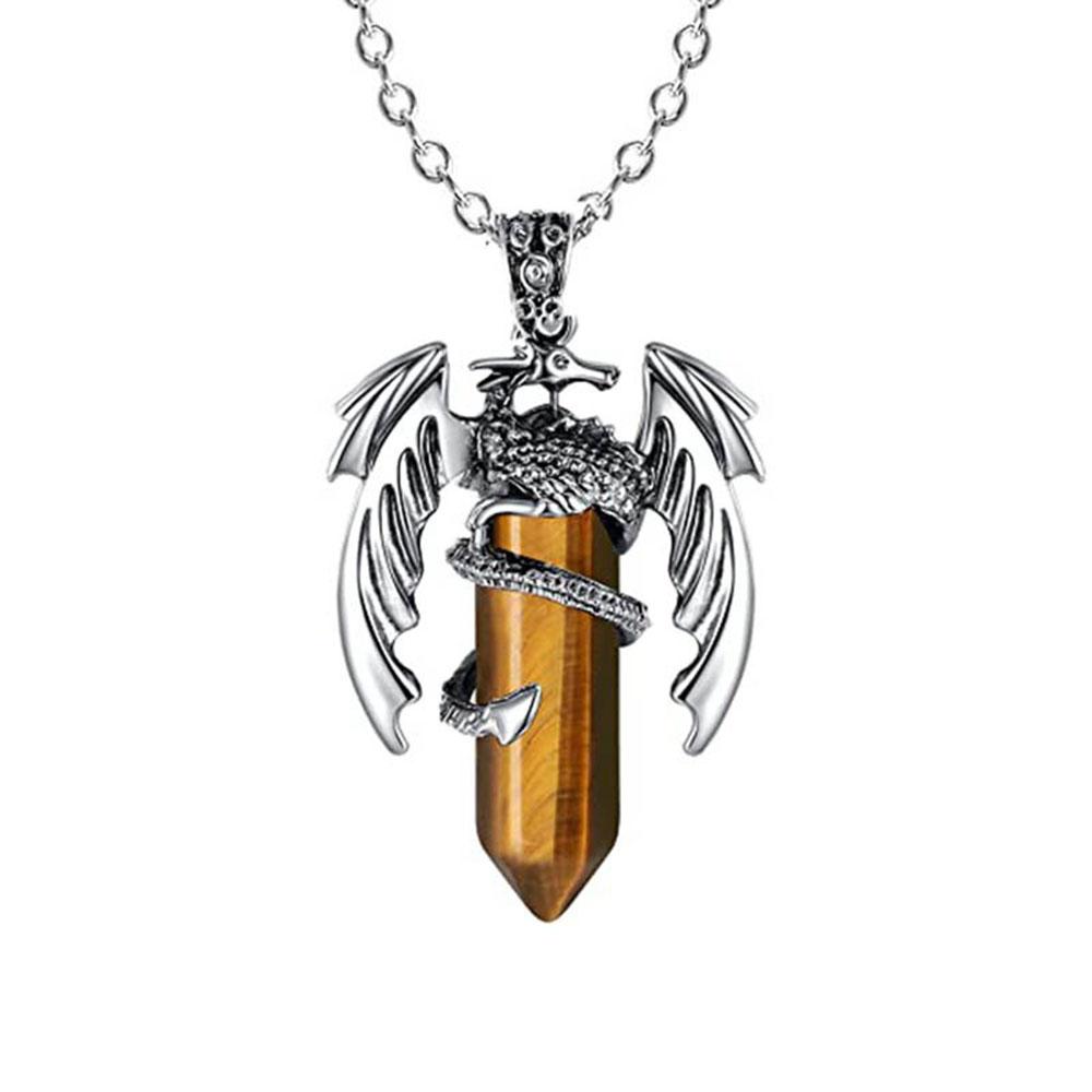 Natural Crystal Animal Dragon Pendant Pterosaur Necklace Women Men Stainless Steel Chain Hexagonal Raw Quartz Lucky Jewelry Gift