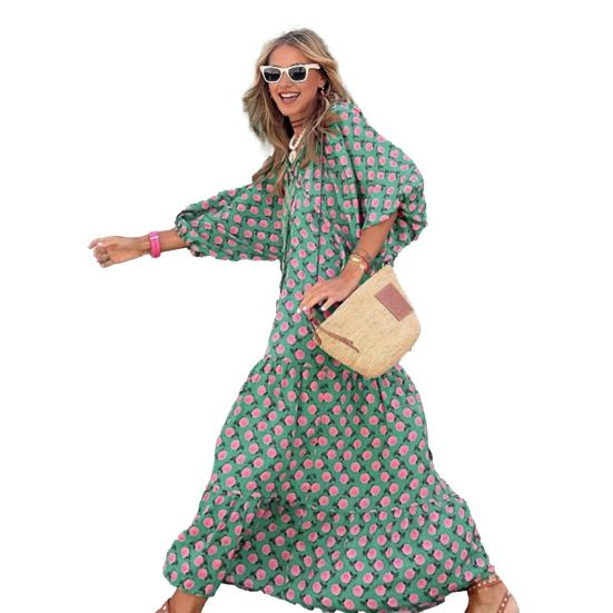 Женское платье в стиле бохо с V-образным вырезом, рукавами-фонариками, А-силуэтом, с плиссировкой и принтом, длиной до середины голени, пляжное платье для отдыха