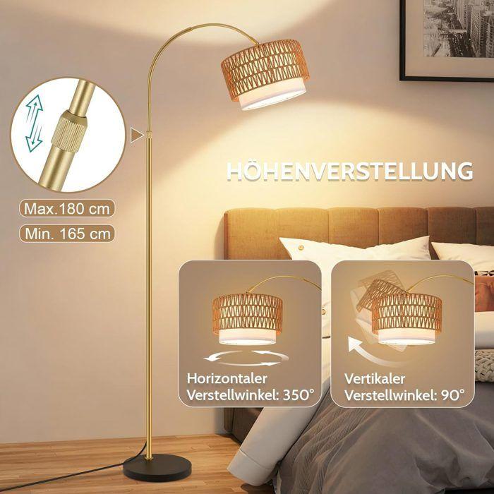 Lampadaire arqué - NETTLIFE - Style bohème - Doré rotin/métal - Hauteur réglable 165-180 cm - LED 9W