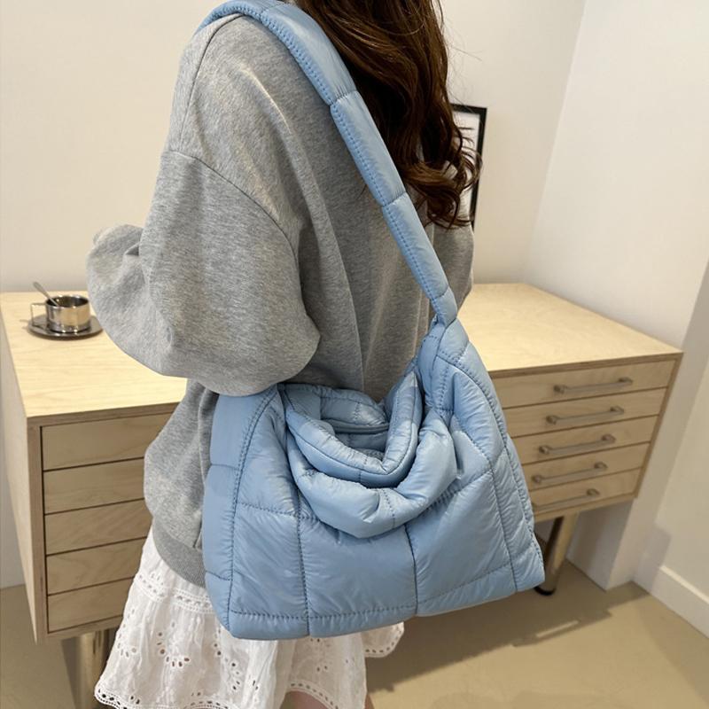 Yogodlns Solid Color Shoulder Messenger Bags Large Capacity Lightweight Quilted Totes Down Cotton Padded Puffy Handbags for Women