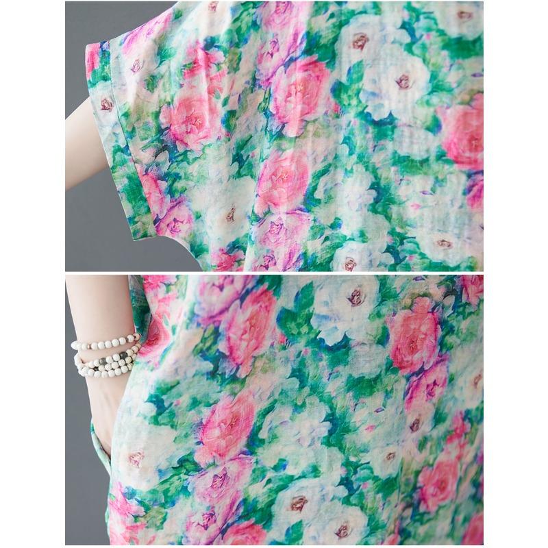 Dimanaf 2025 Женское Летнее Платье Больших Размеров Базовое Длинное Платье Винтажное Цветочное Свободное Повседневное Хлопок Льняной С V-образным Вырезом