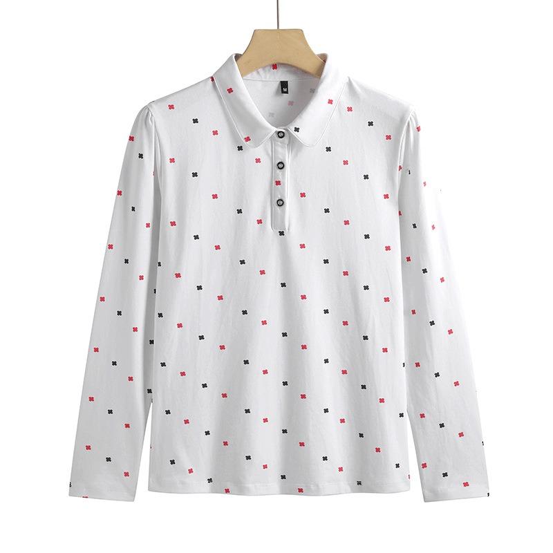 Women's Spring T-shirt New All-over Printed Long-sleeved Lapel Polo Shirt Korean Version Slim Fit Cotton Comfortable Temperament