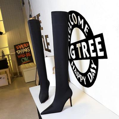 Простые сексуальные узкие сапоги выше колена из эластичной лайкры в европейском и американском стиле на высоком каблуке с острым носком