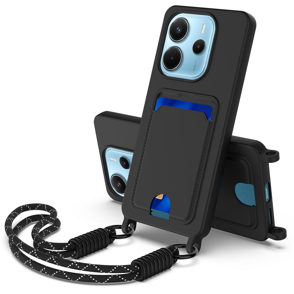 Для Xiaomi Redmi Note 14 4G (163,25 мм) Чехол из жидкого силикона, задняя крышка для телефона с держателем для карт и коротким ремешком