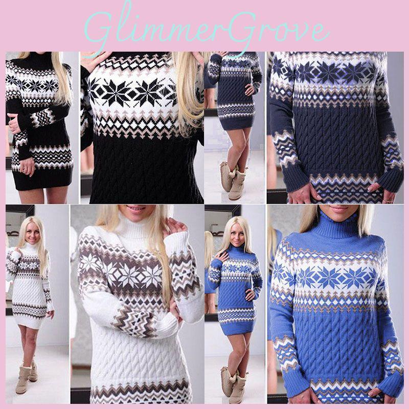 Элегантное рождественское женское платье-свитер с высоким воротом и праздничным узором «снежинки»