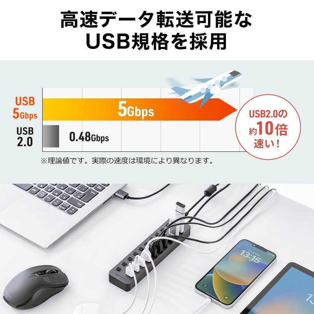 USB-концентратор Sanwa Direct с индивидуальными переключателями USB и AC-адаптером, 10 портов, с внешним питанием, 3.2/5 Гбит/с, (400-HUBA23GM)