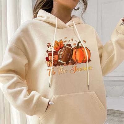 Женский флисовый свитер с пуховыми рукавами больших размеров с принтом тыквы в стиле регби и карманом-кенгуру, с капюшоном и завязками