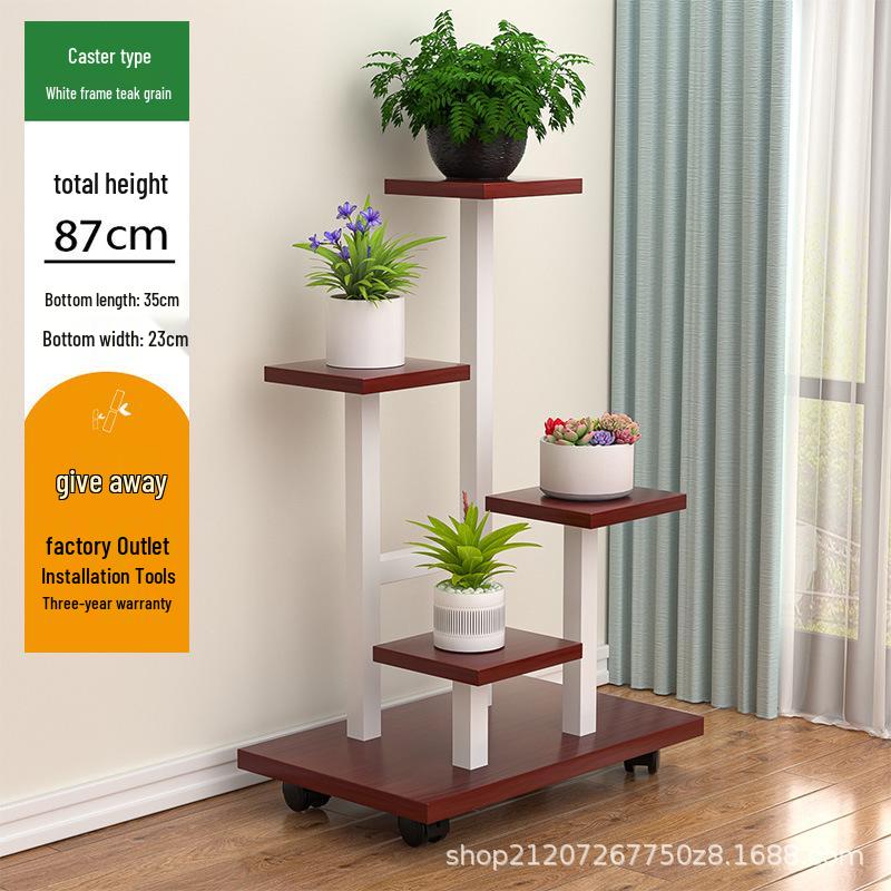 Multi-Layer Wrought Iron Flower Stand with Wheels: Movable Floor-Standing Rack for Living Room or Balcony