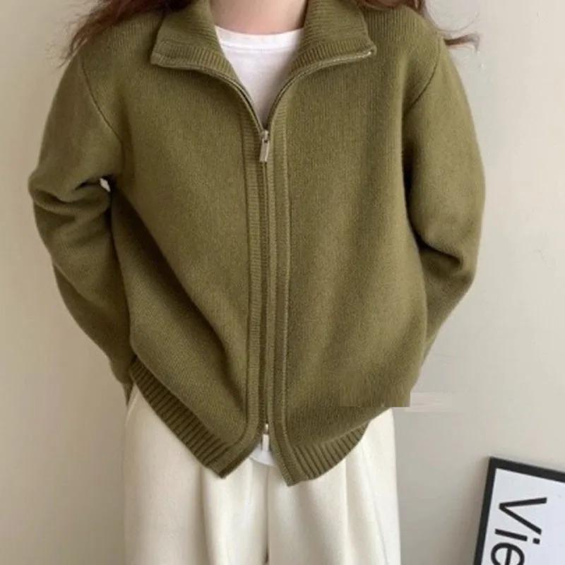 Fashion Double-zip Stand Collar Sweater Coat Women Solid Color Casual Knitted Cardigan Korean Style Autumn Winter Sweater