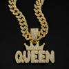 Men's Hip Hop Crown with QUEEN Letter Pendant Necklace For Women Crystal Cuban Chain Iced Out Bling Necklaces Rock Biker Jewelry