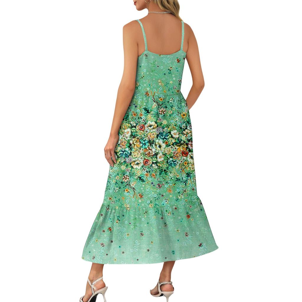 Женское длинное пляжное повседневное элегантное платье макси на тонких бретельках с цветочным принтом, струящееся платье в стиле бохо