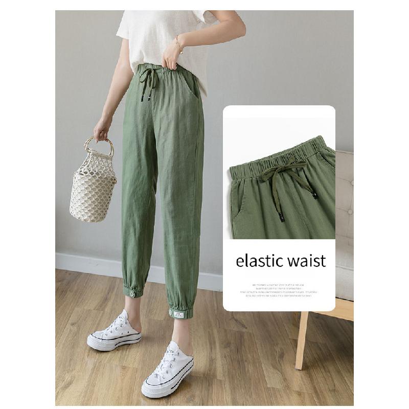2026 Women's Thin Cotton-Linen Pants, High-Waisted, Loose-Fit, Cuffed, Nine-Quarter Length, Casual Harem Pants