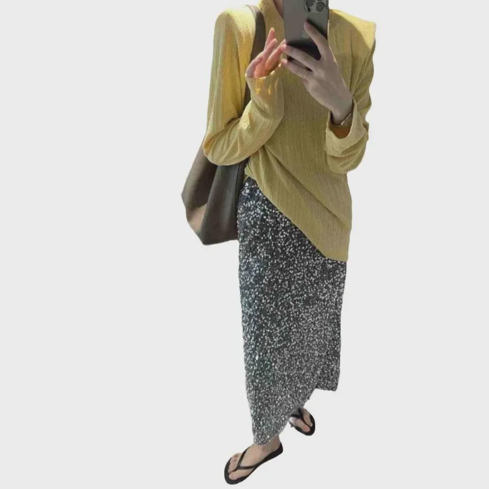 2025 Европейская и американская узкая длинная юбка с высокой талией и пайетками - женская эластичная юбка с резинкой на талии