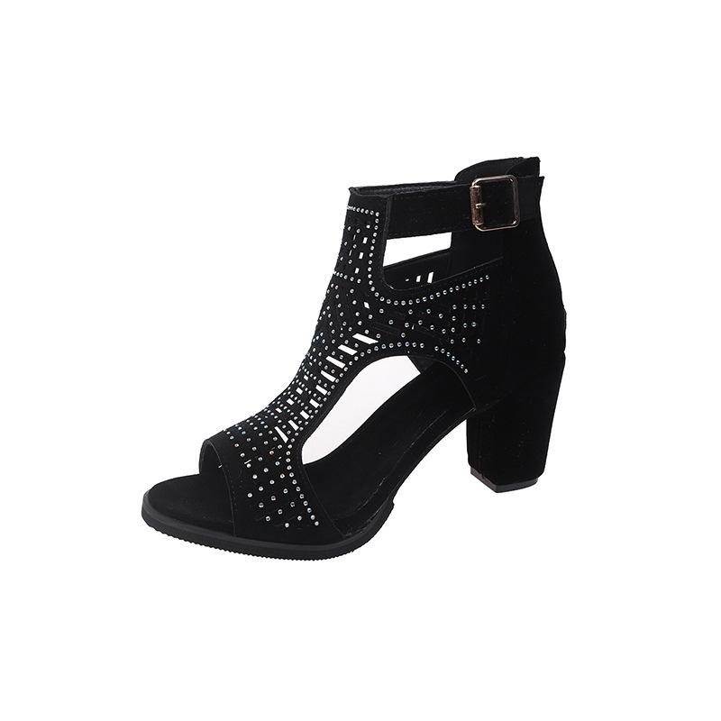 Женские летние туфли на высоком каблуке с полыми стразами, босоножки на высоком каблуке с застежкой-молнией в римском стиле, черные, сексуальные, Zapatos Mujer
