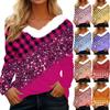 Women's Fashion Long Sleeve Plaid Print Fleece Collar V-Neck Top