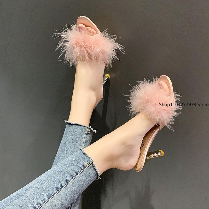 Fashion 2025 Summer New Women's Stiletto Sandals Party Sexy Women's High Heels Furry Shoes Plus Size 43 Women's Slippers