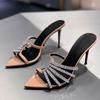 Pointed Toe Rhinestone Thin Strap Open Toe Sandals Summer 2024 New French Ladies Stiletto Heels Sexy Black High Heels Women