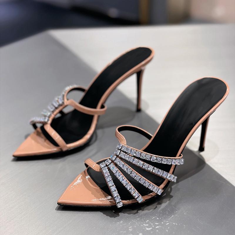 Pointed Toe Rhinestone Thin Strap Open Toe Sandals Summer 2024 New French Ladies Stiletto Heels Sexy Black High Heels Women
