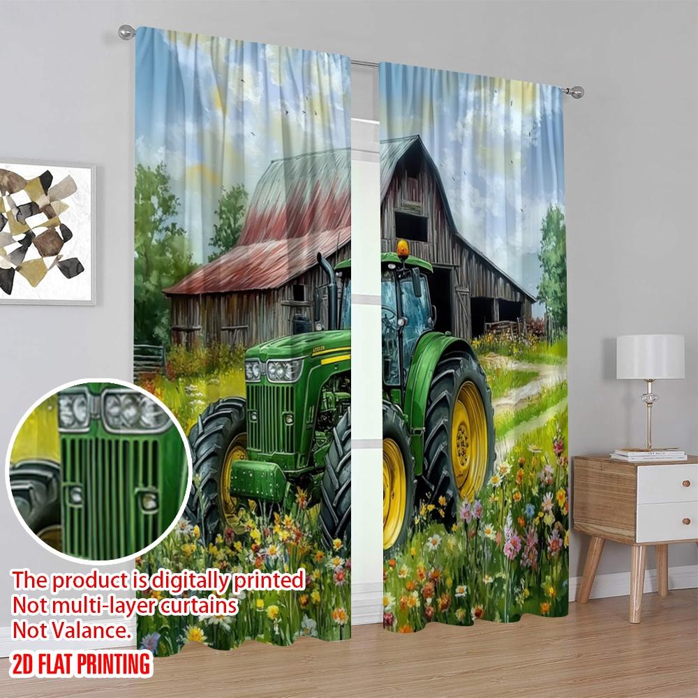2pcs,2D Plane Printing Pattern Curtains Farm Tractor Durable 100% Polyester Fabric (without Rod) Home Decor for Kitchen Living