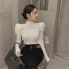 Women's High-End Slim Fit Half Turtleneck Puff Sleeve Knitted Sweater for Autumn/Winter