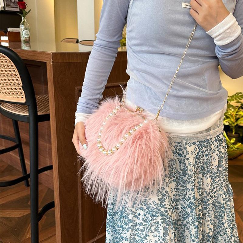 Furry Crossbody Bag with Pearl Handle Fashion Chain Plush Shoulder Bags for Women Soft Faux Fur Evening Party Purse