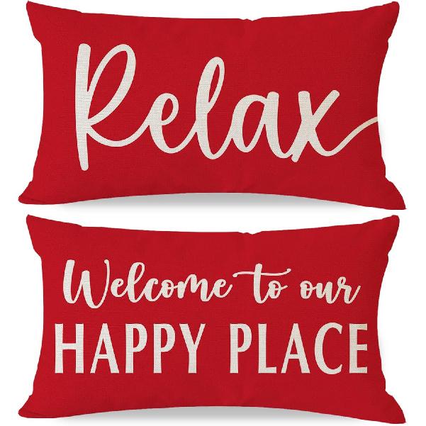 Welcome to Our Happy Place Relax Decorative Throw Pillow Covers 12x20 Inch Set of 2 Orange Outdoor Farmhouse Spring Fall Decor Lumbar Cushion Case