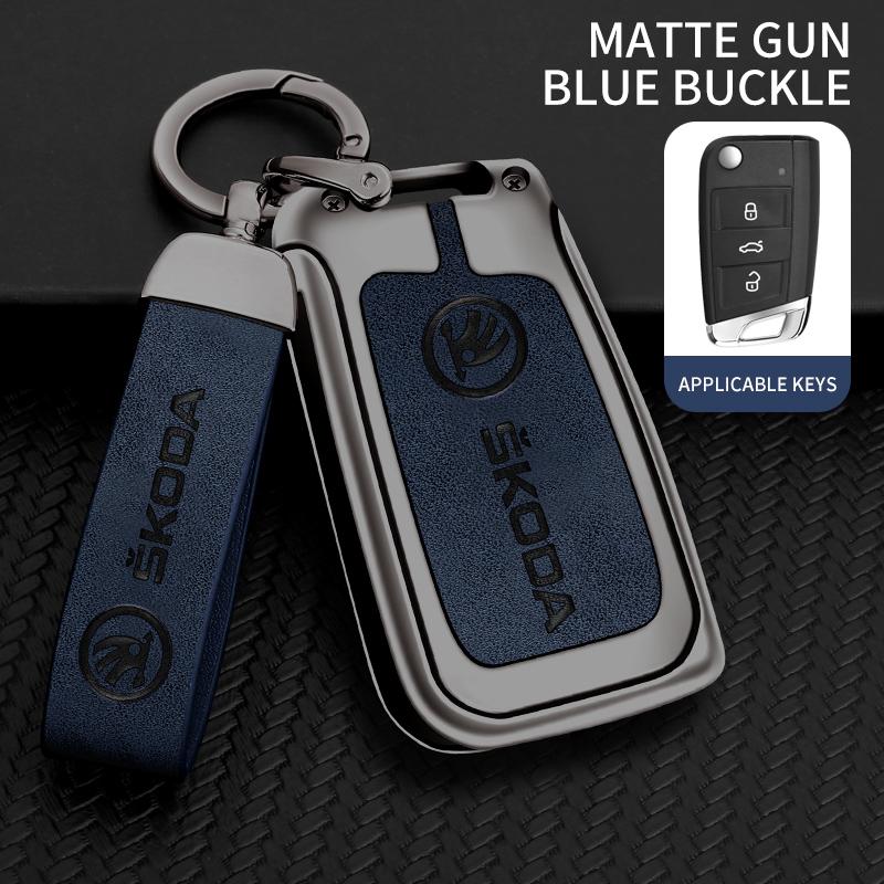 JKFB8 Zinc Alloy Leather Car Flip Remote Key Case Cover Holder Shell for Skoda Octavia Kodiaq Karoq Protector Car Keychain Accessories