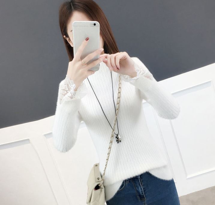 Свитер с воротником из искусственного норкового флиса, женский модный кружевной лоскутный пуловер, эластичная узкая вязаная нижняя рубашка