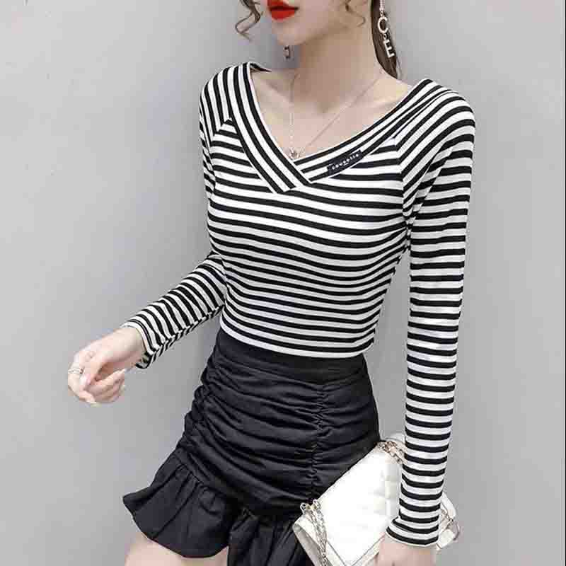 Женская футболка с v-образным вырезом и длинными рукавами, весенне-осенняя полосатая тонкая сетка для похудения, красный топ Super Fire