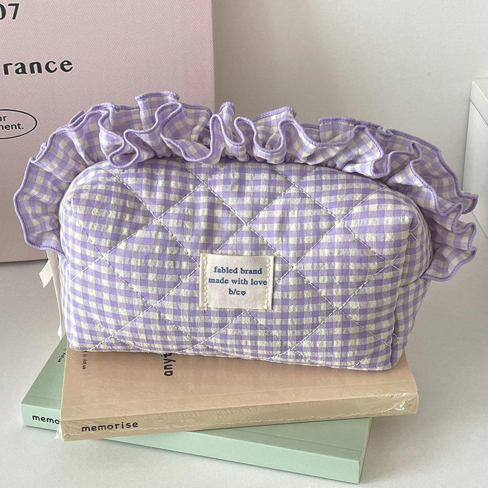 with Zipper Cosmetic Cases Plaid Pattern Toiletry Organizer Sweet Ruffle Makeup Bag Girl