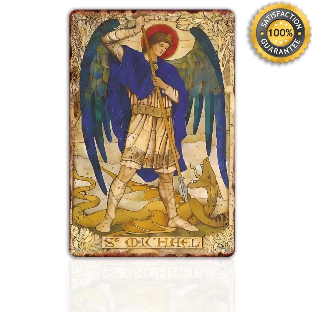 Винтажная алюминиевая табличка Архангел Михаил, Портретная ориентация, Прочный металлический настенный декор для дома
