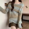 One Character Collar Contrasting Color Women's Knitted Sweater Korean Fashion Simple Lady Top Autumn Winter Long Sleeved Pullover