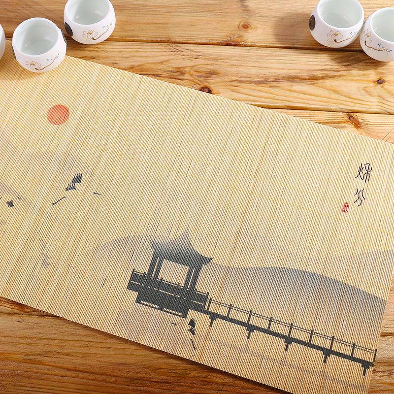 Chinese Zen bamboo tea mat, printed hand-painted bamboo table flag, handmade tea ceremony teapot mat, heat insulation mat, tea towel