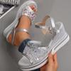 Women's Fashion Silver Wedge Heel Sandals Summer Shiny Crystal Platform Sandals Woman Breathable Mesh Thick Sole Sandalias Mujer